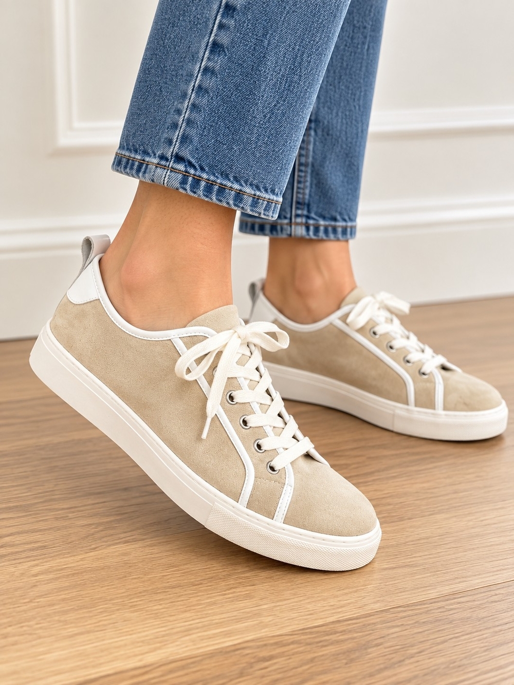 Ann Taylor Beige Suede Leather Sneakers Women's 8 Neutral Classic Lace Up Shoes